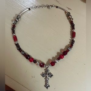 Red Cross Rosary Necklace